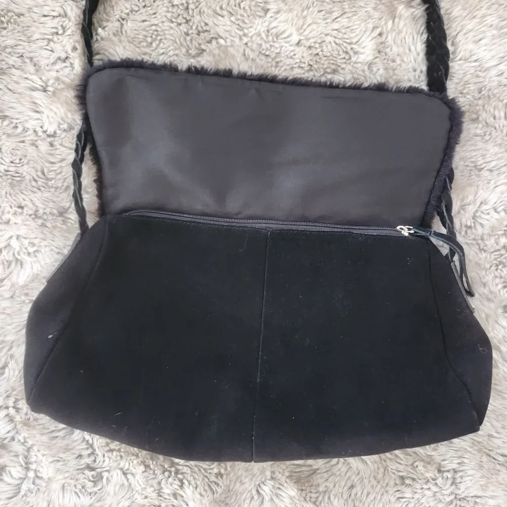 dennis basso Faux Fur Shearling Trim Suede Braided Strap Shoulder Bag Black‎
